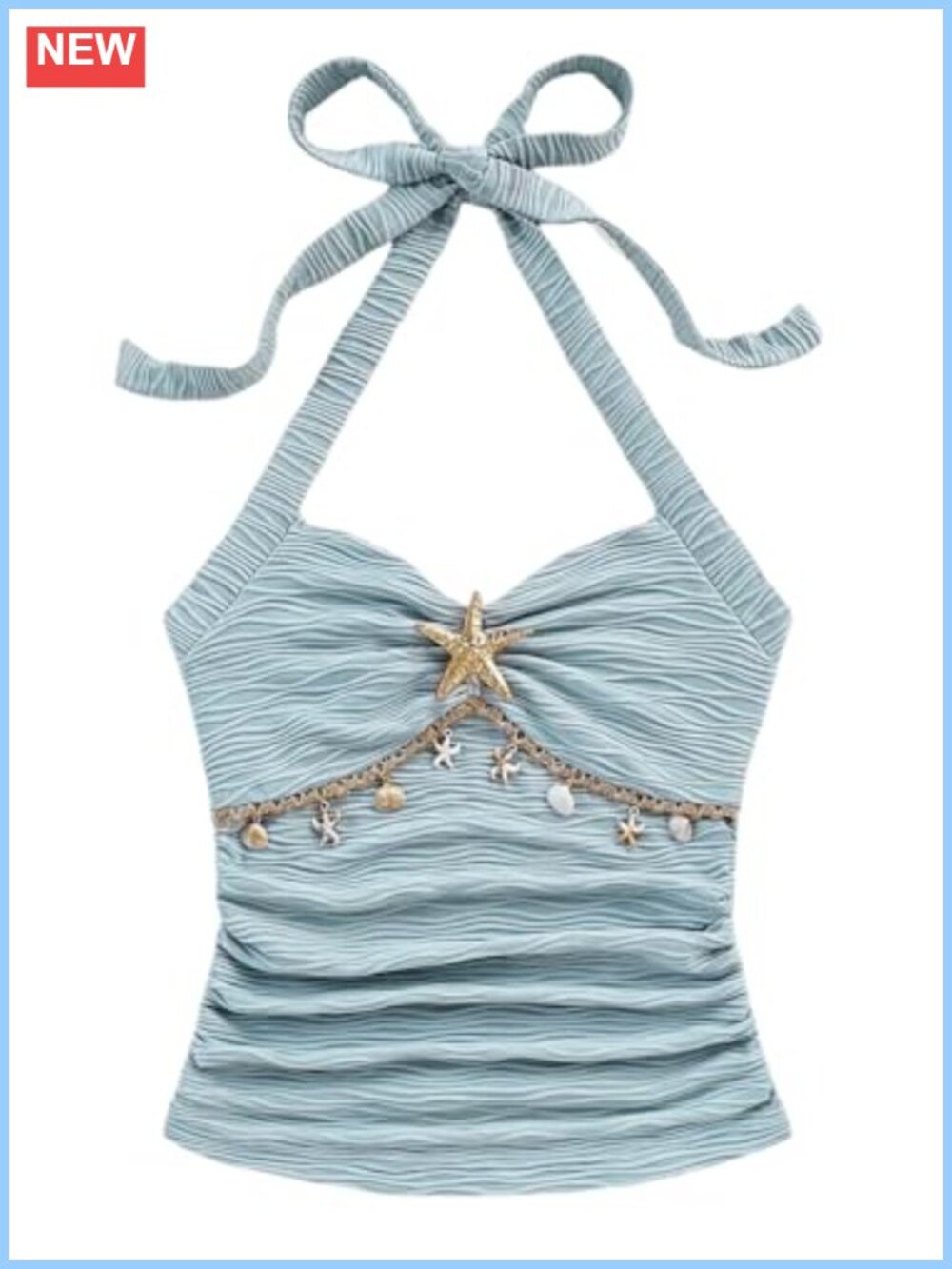 Women's Starfish Y2k Halter Top Textured Seashell Tie Knot Open Back Slim Fit